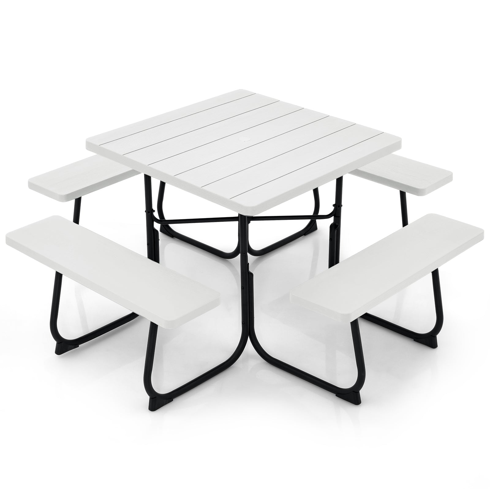Outdoor Picnic Table with 4 Benches and Umbrella Hole-Black - White