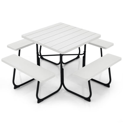 Outdoor Picnic Table with 4 Benches and Umbrella Hole-Black - White
