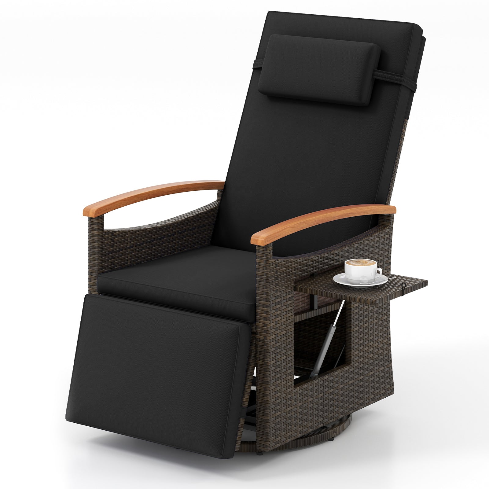 Patio Rattan 360° Swivel Recliner Chair with Adjustable Backrest and Footrest-Beige - Black