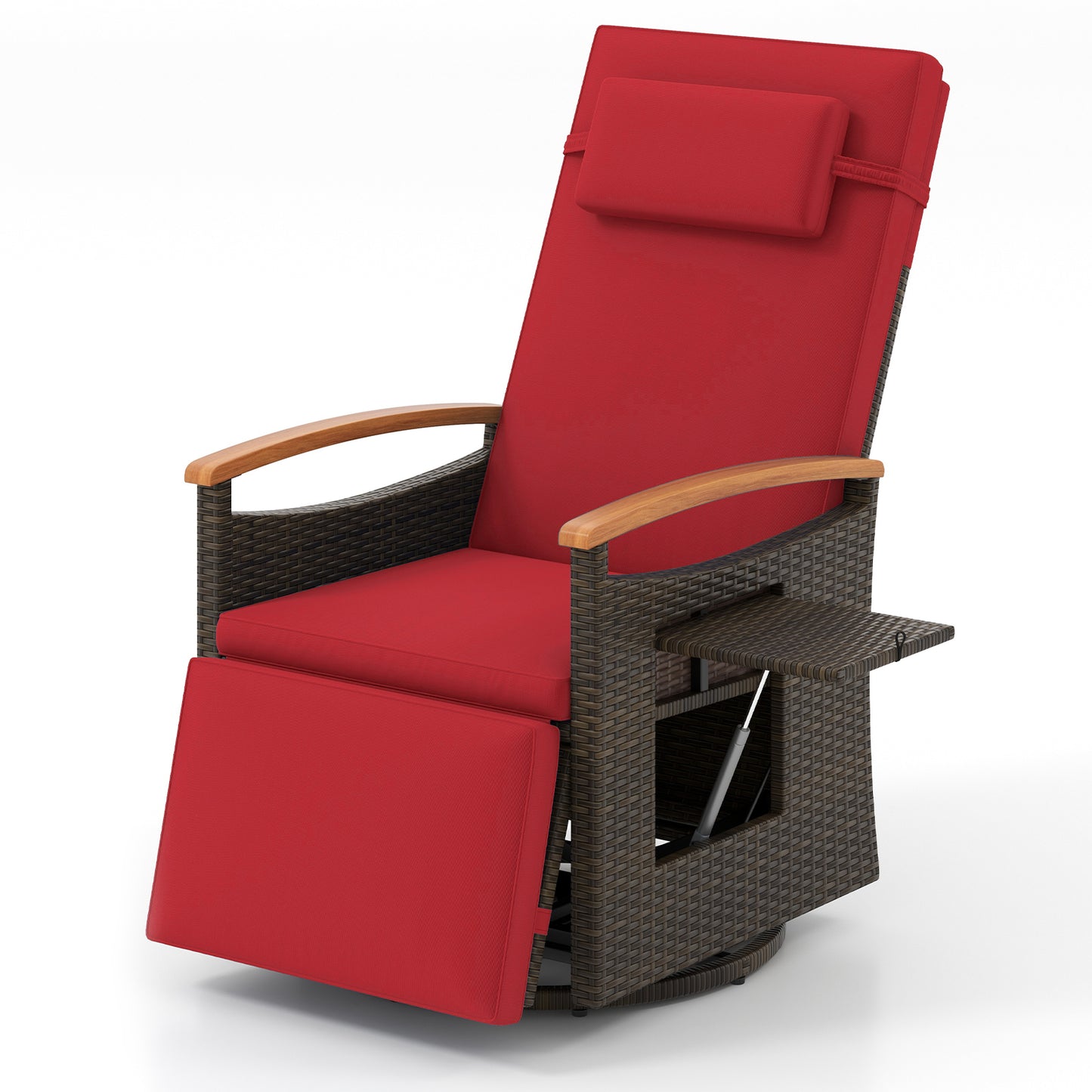 Patio Rattan 360° Swivel Recliner Chair with Adjustable Backrest and Footrest-Beige - Red