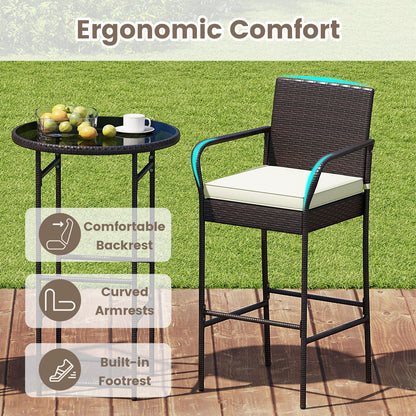 Patio Rattan Bar Height Table and Chairs with 2 Seat Cushions for Porch-White