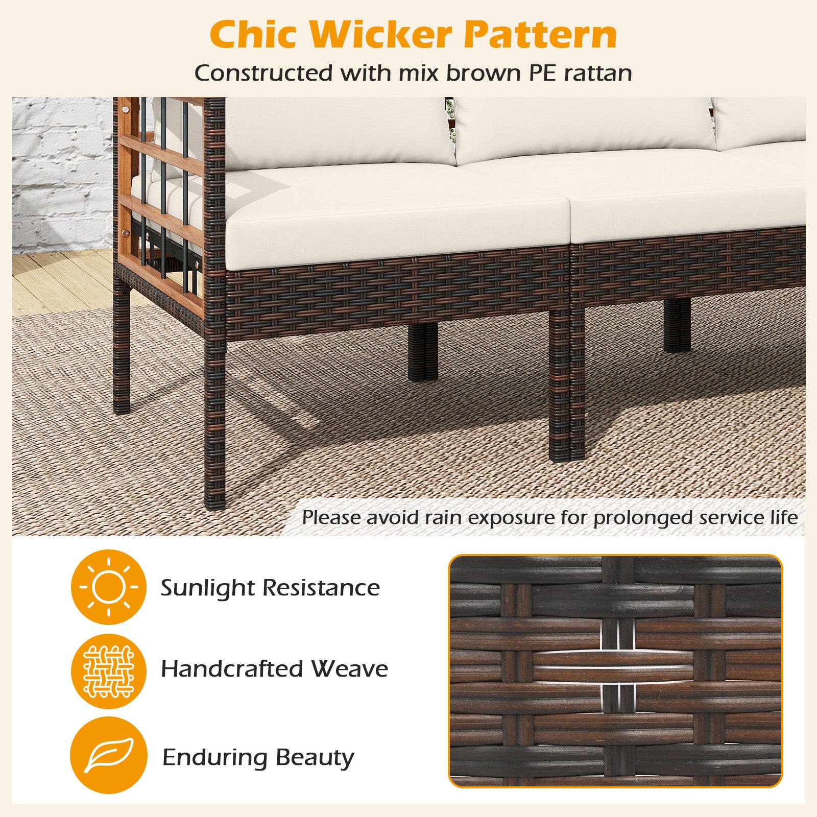 Patio Rattan Chairs with Ottomans and Side Table for Backyard-White