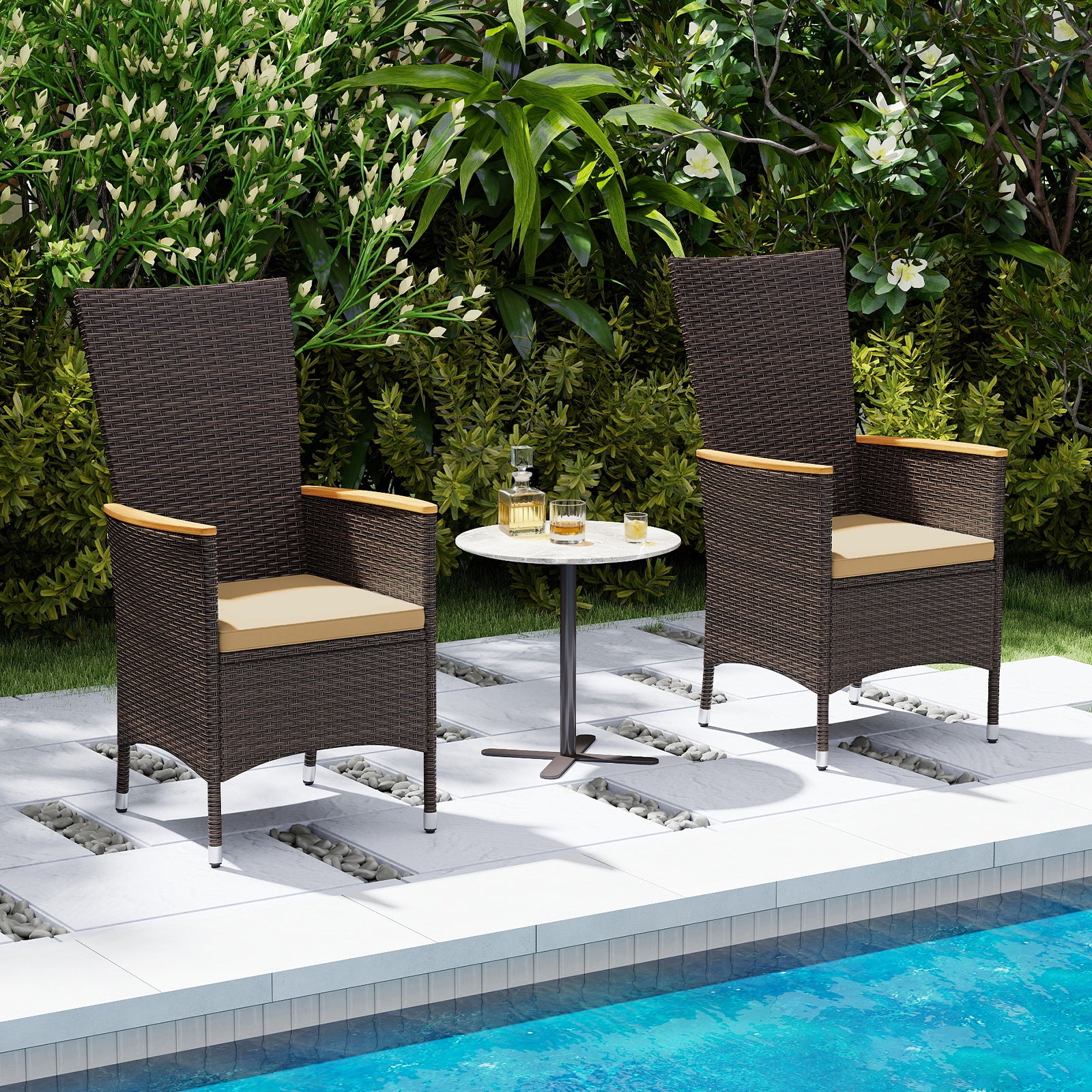 Patio Rattan Chairs Set of 2 Outdoor Wicker Dining Chairs with High Backrest-Beige