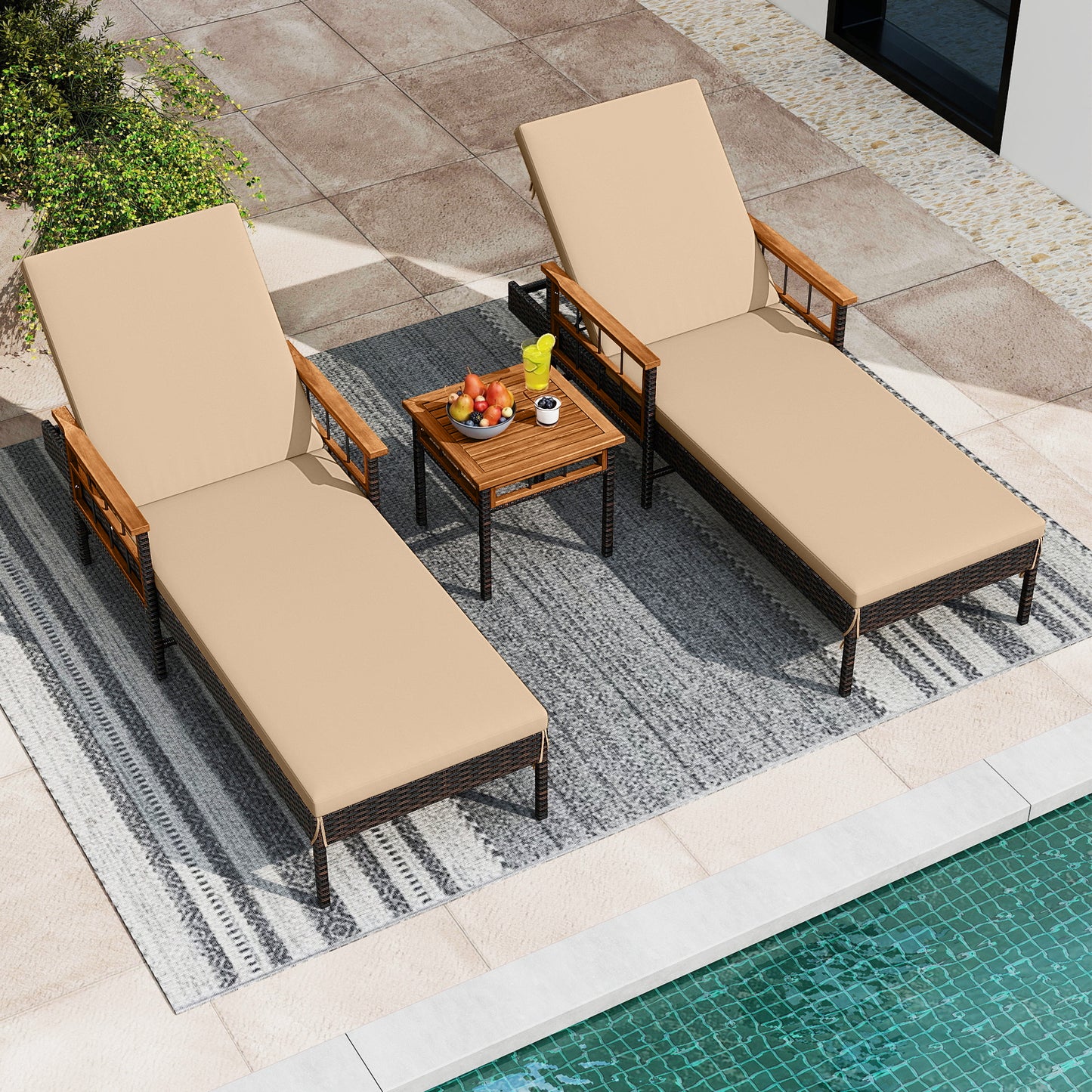 Patio Rattan Chaise Lounge with Side Table and Adjustable Backrest-Beige