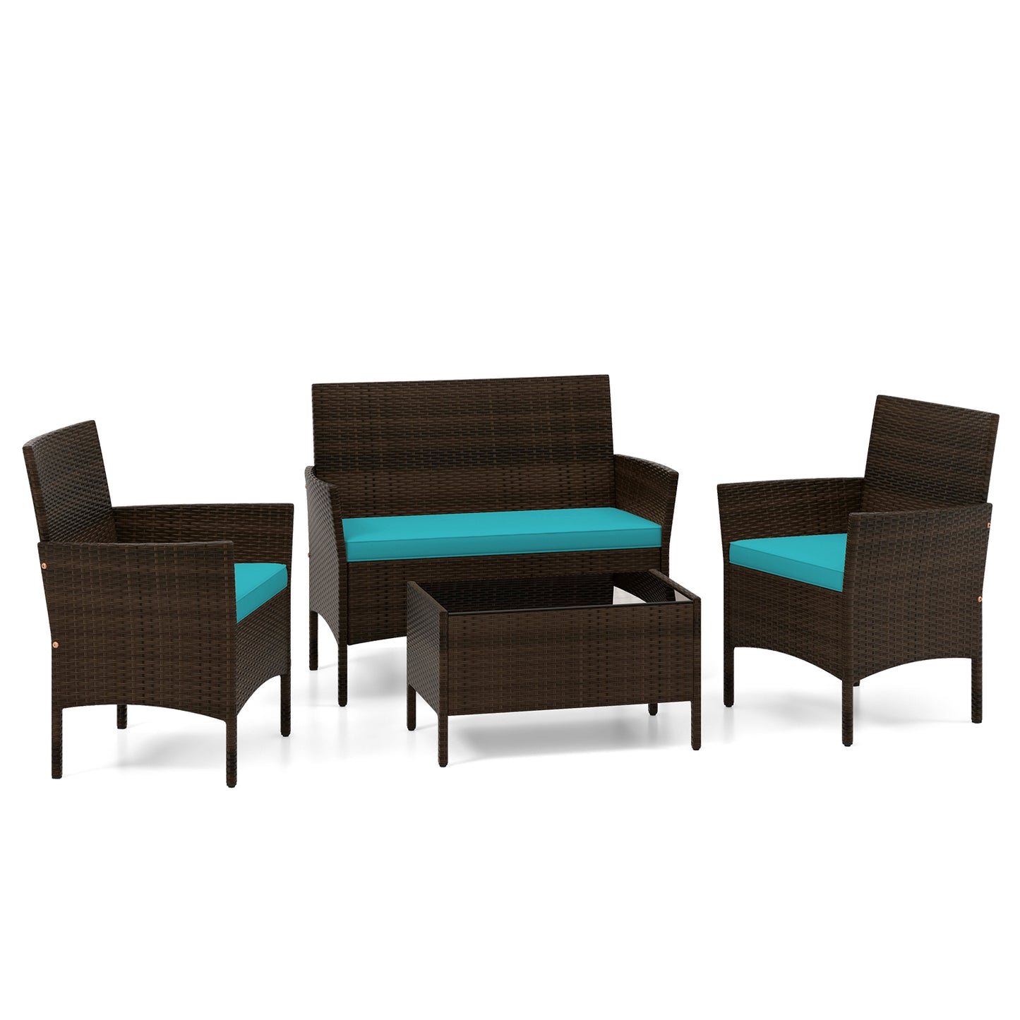 4 Piece Patio Rattan Conversation Set with Cozy Seat Cushions-Navy - Turquoise