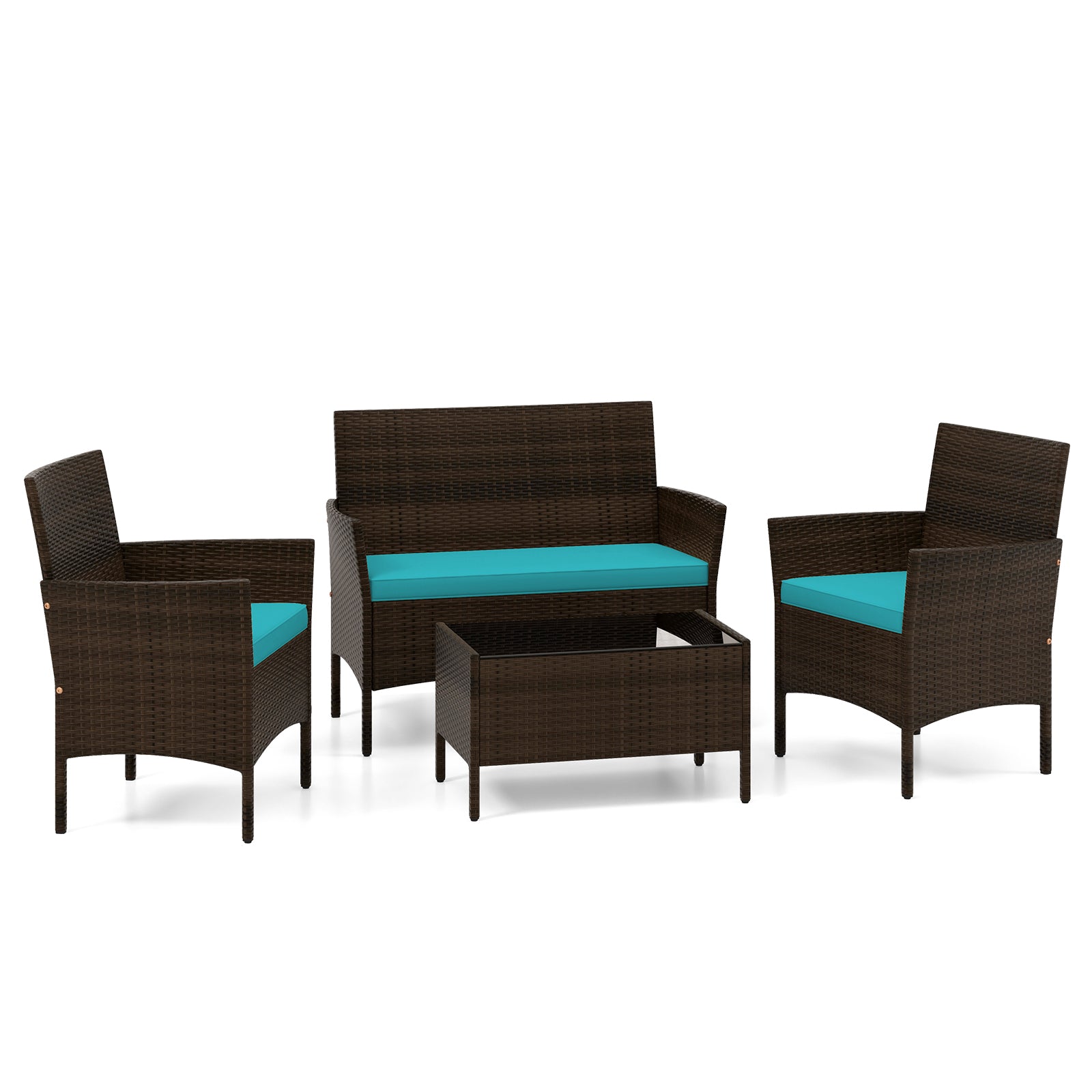 4 Piece Patio Rattan Conversation Set with Cozy Seat Cushions-Navy - Turquoise