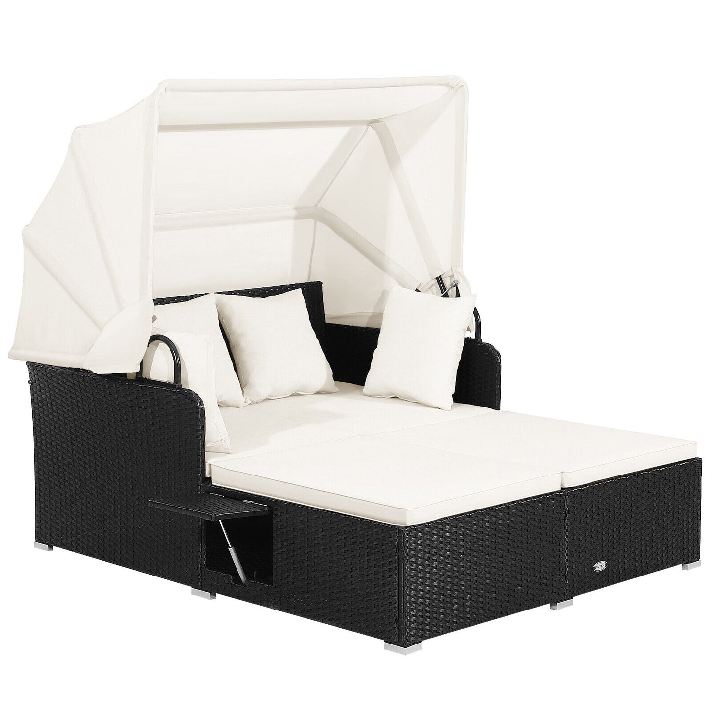 Patio Rattan Daybed with Retractable Canopy and Side Tables-Turquoise - Off White
