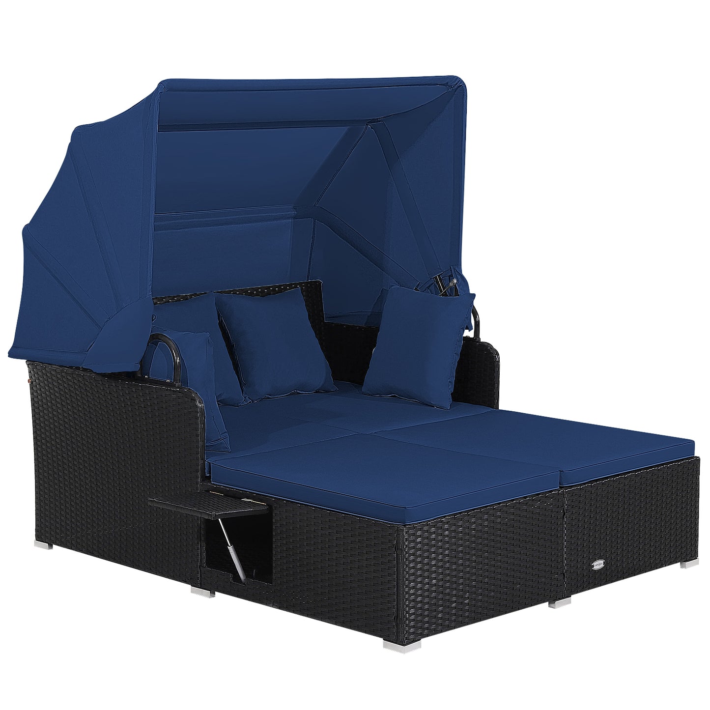 Patio Rattan Daybed with Retractable Canopy and Side Tables-Turquoise - Navy