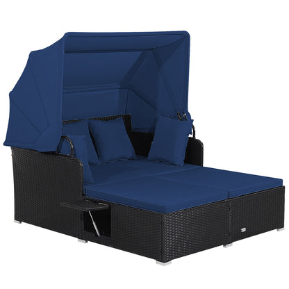 Patio Rattan Daybed with Retractable Canopy and Side Tables-Turquoise - Navy
