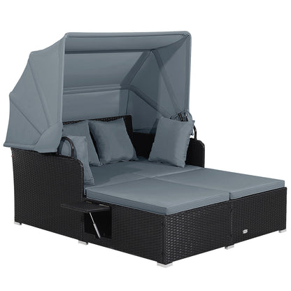 Patio Rattan Daybed with Retractable Canopy and Side Tables-Turquoise - Gray
