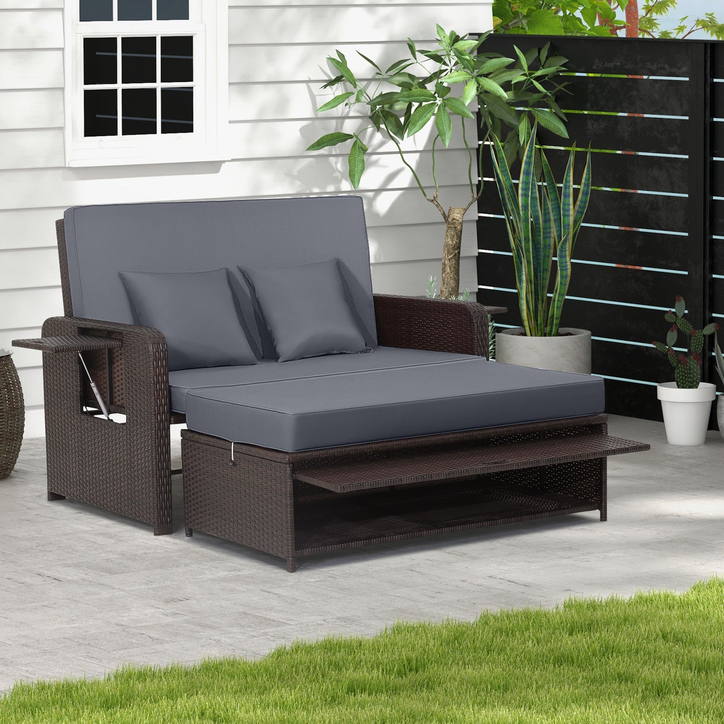 Outdoor Rattan Daybed with Adjustable Backrest & Ottoman