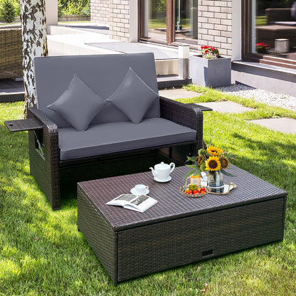 Outdoor Rattan Daybed with Adjustable Backrest & Ottoman