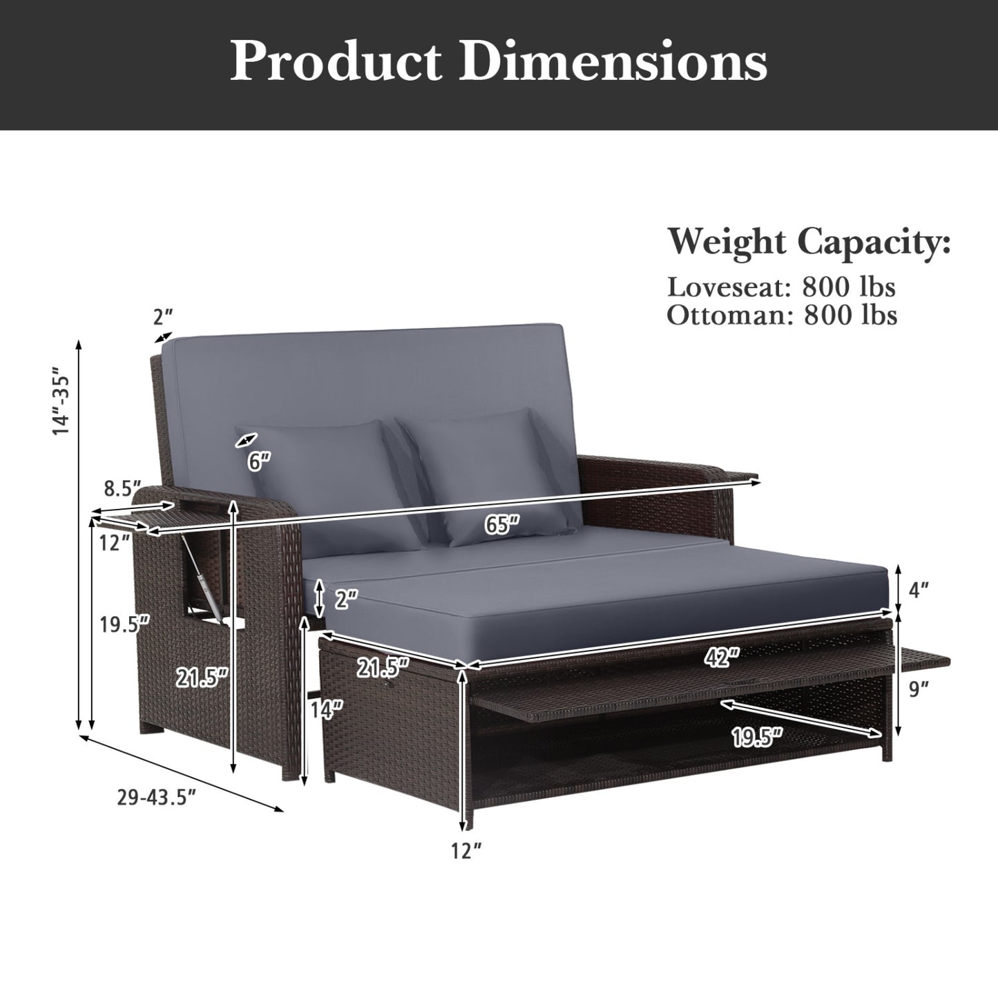 Outdoor Rattan Daybed with Adjustable Backrest & Ottoman