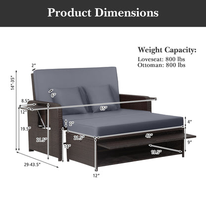 Outdoor Rattan Daybed with Adjustable Backrest & Ottoman