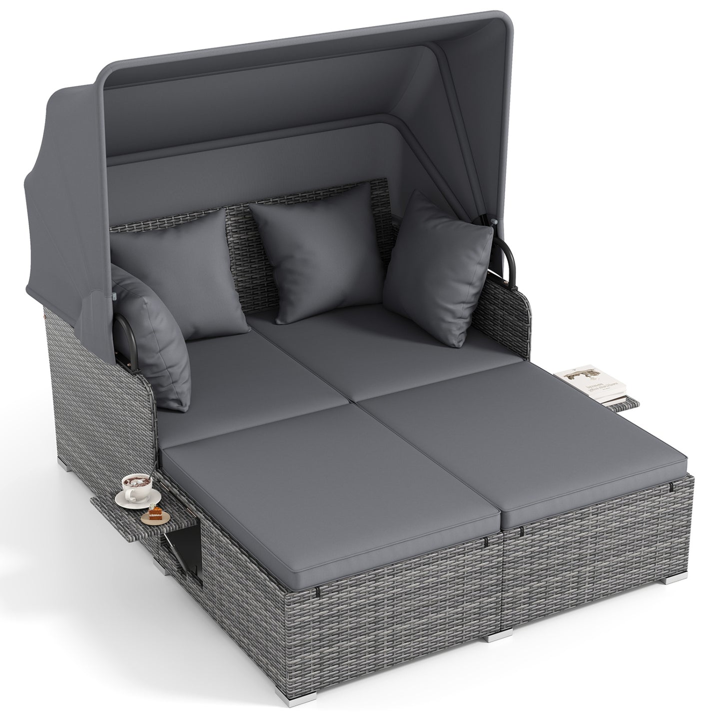 Patio Rattan Daybed with Retractable Canopy and Side Tables-Turquoise - Mix Gray