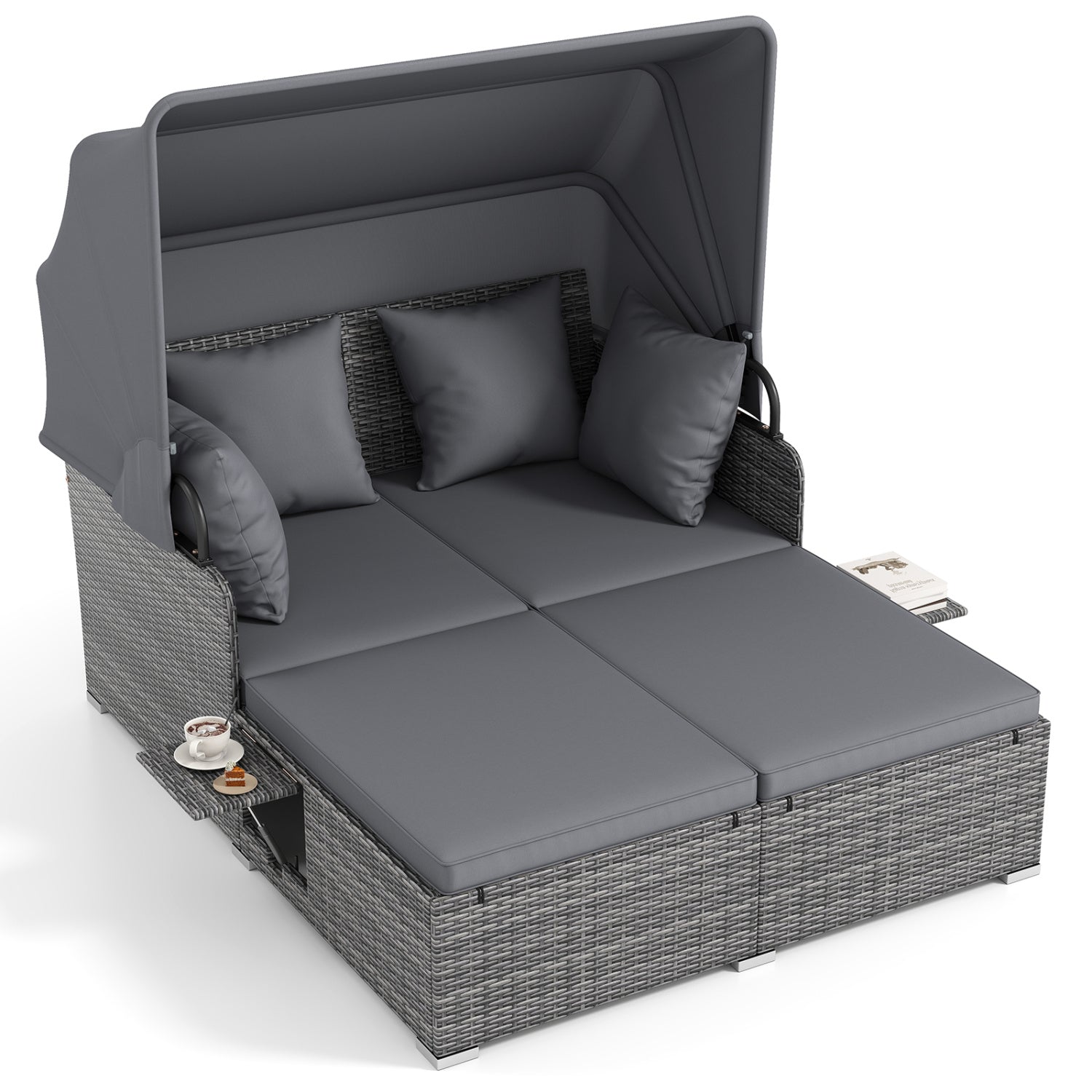 Patio Rattan Daybed with Retractable Canopy and Side Tables-Turquoise - Mix Gray