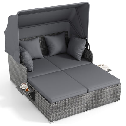 Patio Rattan Daybed with Retractable Canopy and Side Tables-Turquoise - Mix Gray