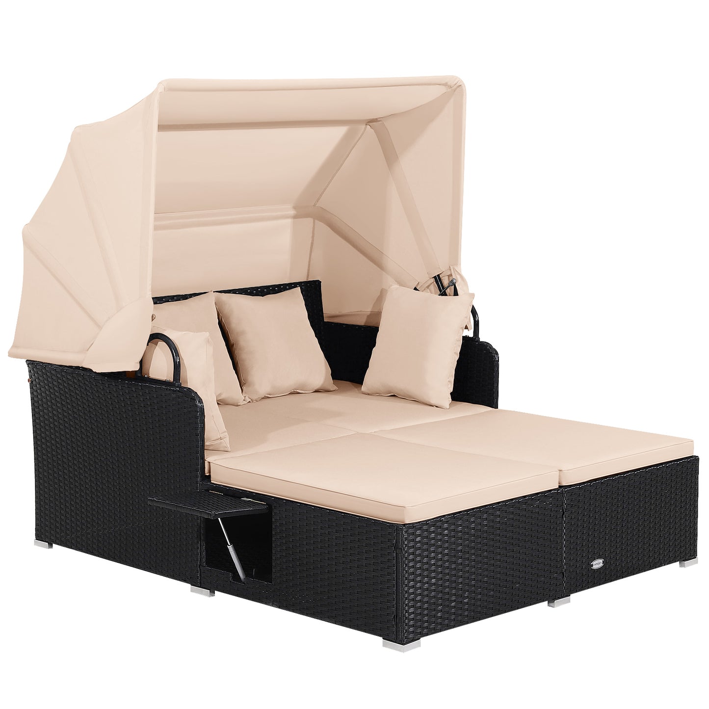 Patio Rattan Daybed with Retractable Canopy and Side Tables-Turquoise - Beige