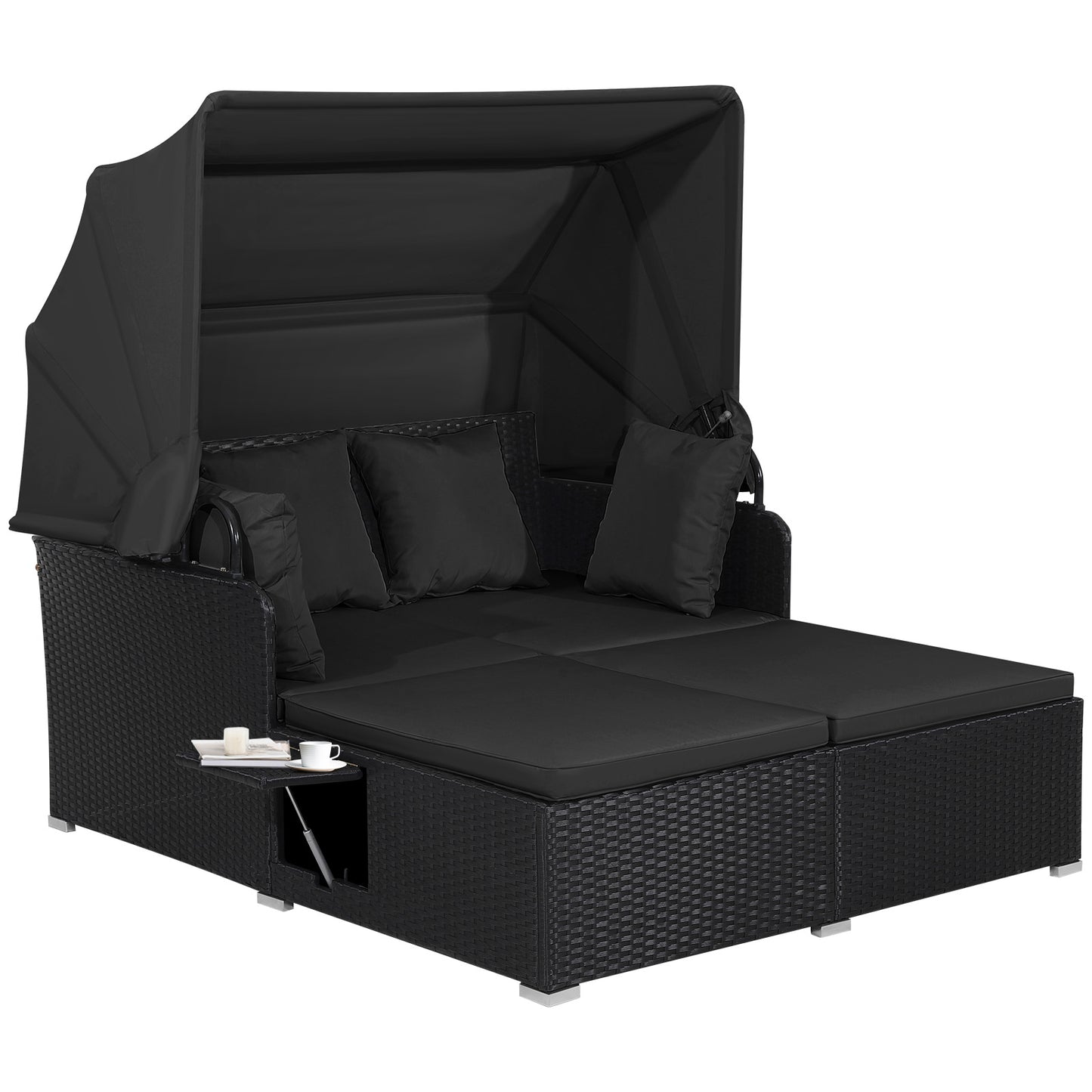 Patio Rattan Daybed with Retractable Canopy and Side Tables-Turquoise - Black