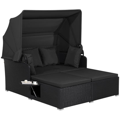 Patio Rattan Daybed with Retractable Canopy and Side Tables-Turquoise - Black