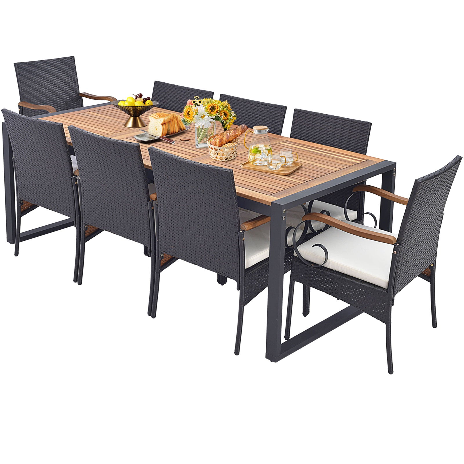 9 Pieces Patio Rattan Dining Set with Acacia Wood Table for Backyard Garden-L-shaped Handrail - Curved Handrail