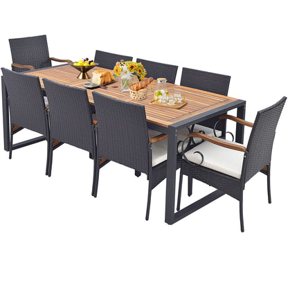 9 Pieces Patio Rattan Dining Set with Acacia Wood Table for Backyard Garden-L-shaped Handrail - Curved Handrail