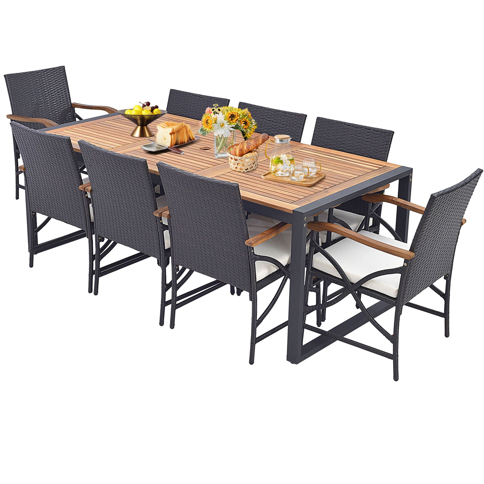 9 Pieces Patio Rattan Dining Set with Acacia Wood Table for Backyard Garden-L-shaped Handrail - Side Handrail