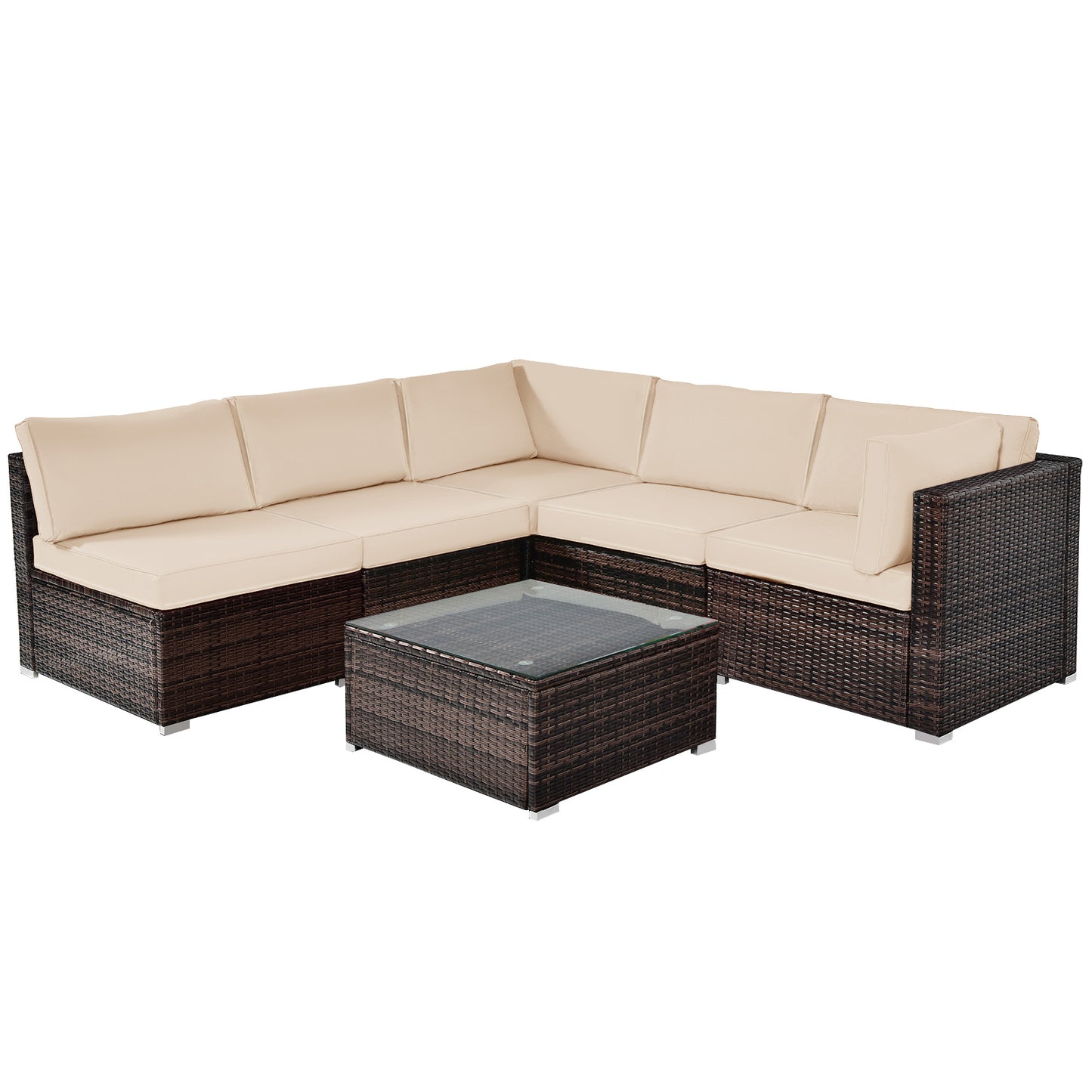 6 Pieces Patio Rattan Furniture Set with Cushions and Glass Coffee Table-White - Brown