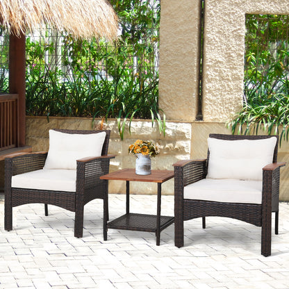 3 Pieces Patio Rattan Furniture Set with Acacia Wood Tabletop