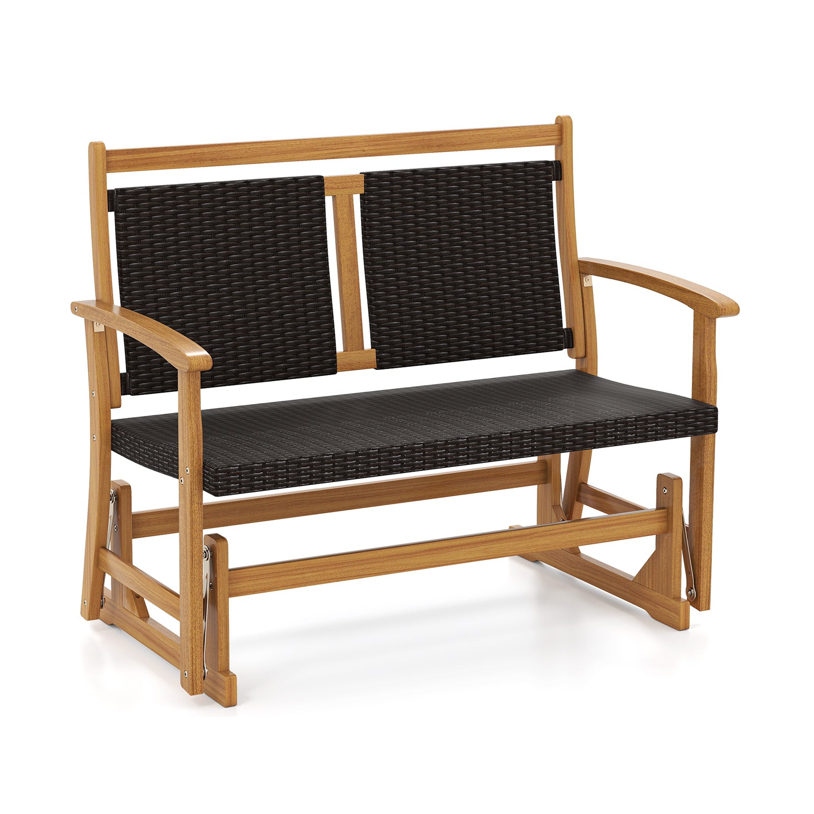 Patio Rattan Glider Bench for 2 with Acacia Wood Frame and Wicker Seat Back - Default