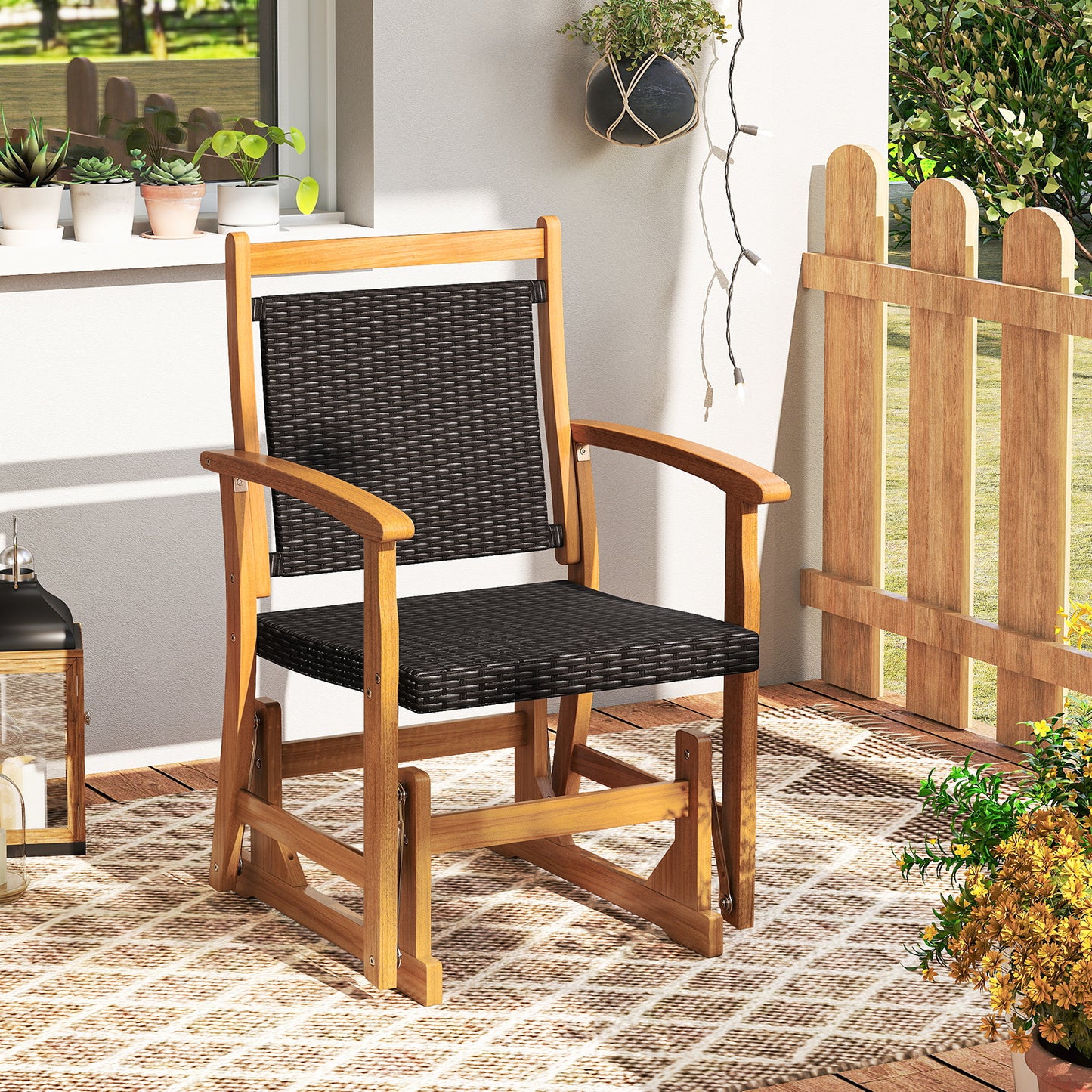 Rattan Glider Chair with Acacia Wood Frame