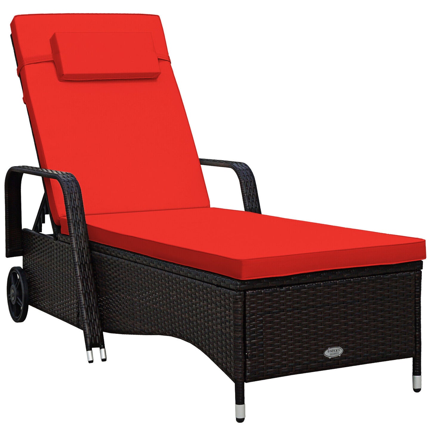 Outdoor Recliner Cushioned Chaise Lounge with Adjustable Backrest-Red & White - Red & White
