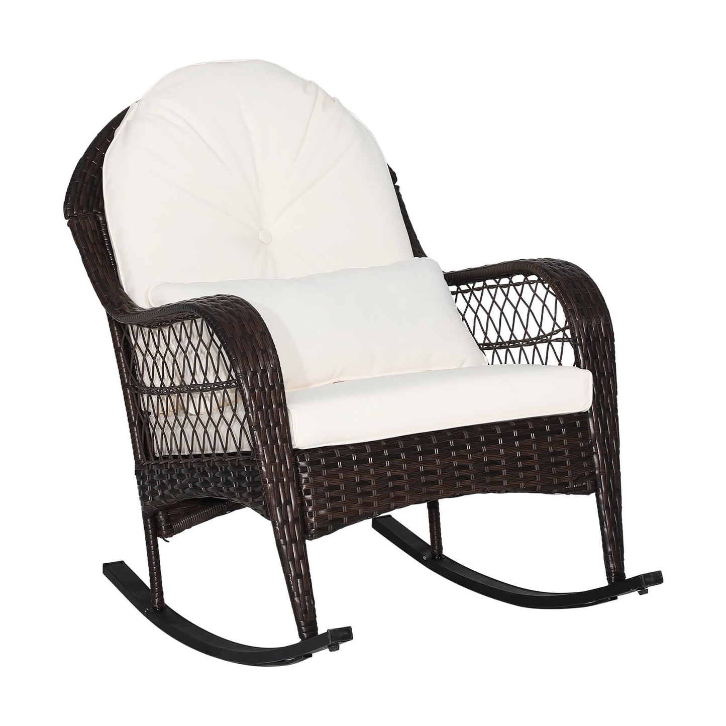 Patio Rattan Rocking Chair with Seat Back Cushions and Waist Pillow-White - White