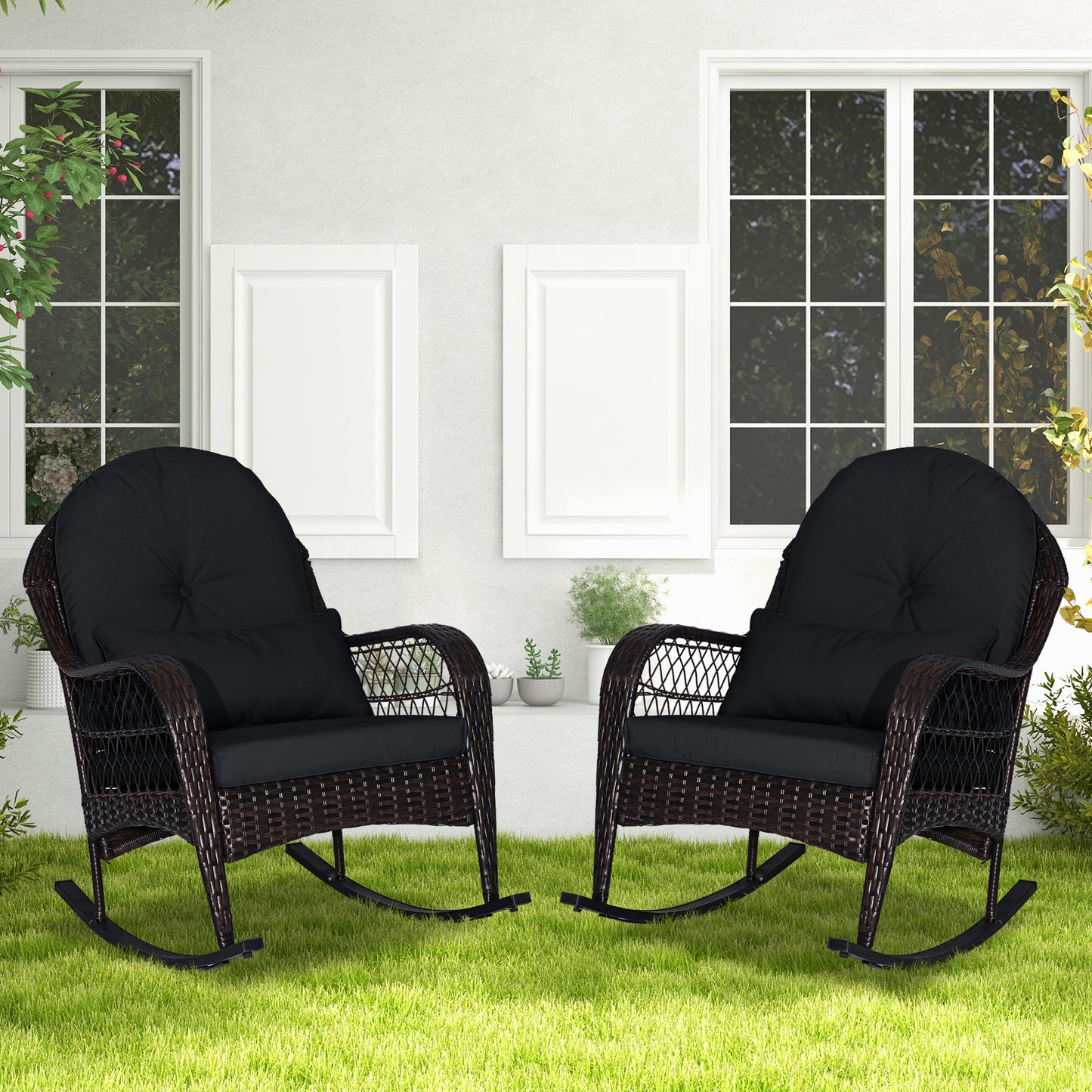 Patio Rattan Rocking Chair with Seat Back Cushions and Waist Pillow