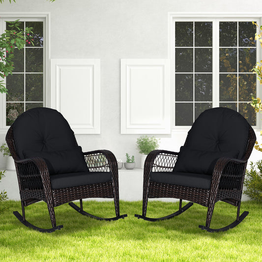 Patio Rattan Rocking Chair with Seat Back Cushions and Waist Pillow