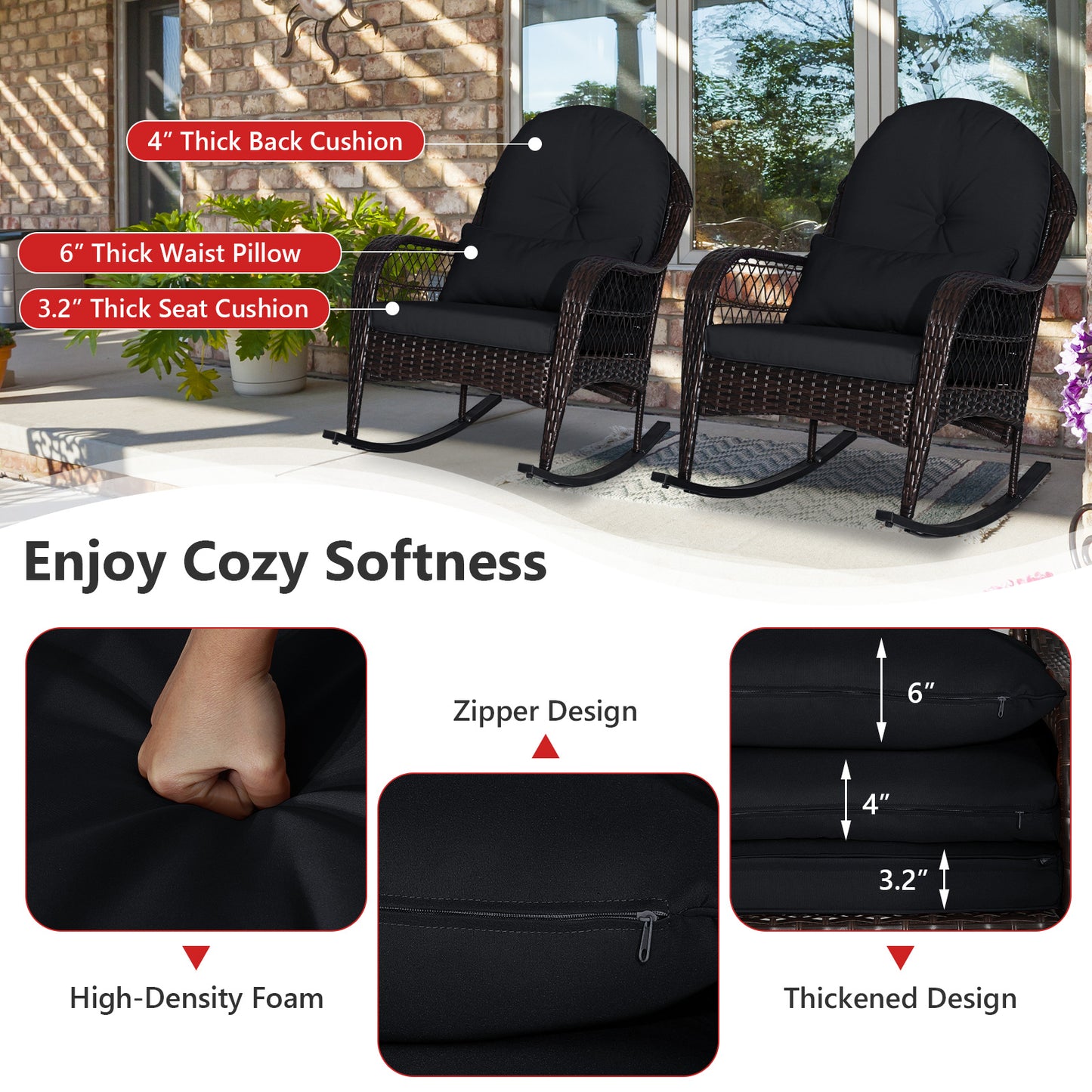 Patio Rattan Rocking Chair with Seat Back Cushions and Waist Pillow