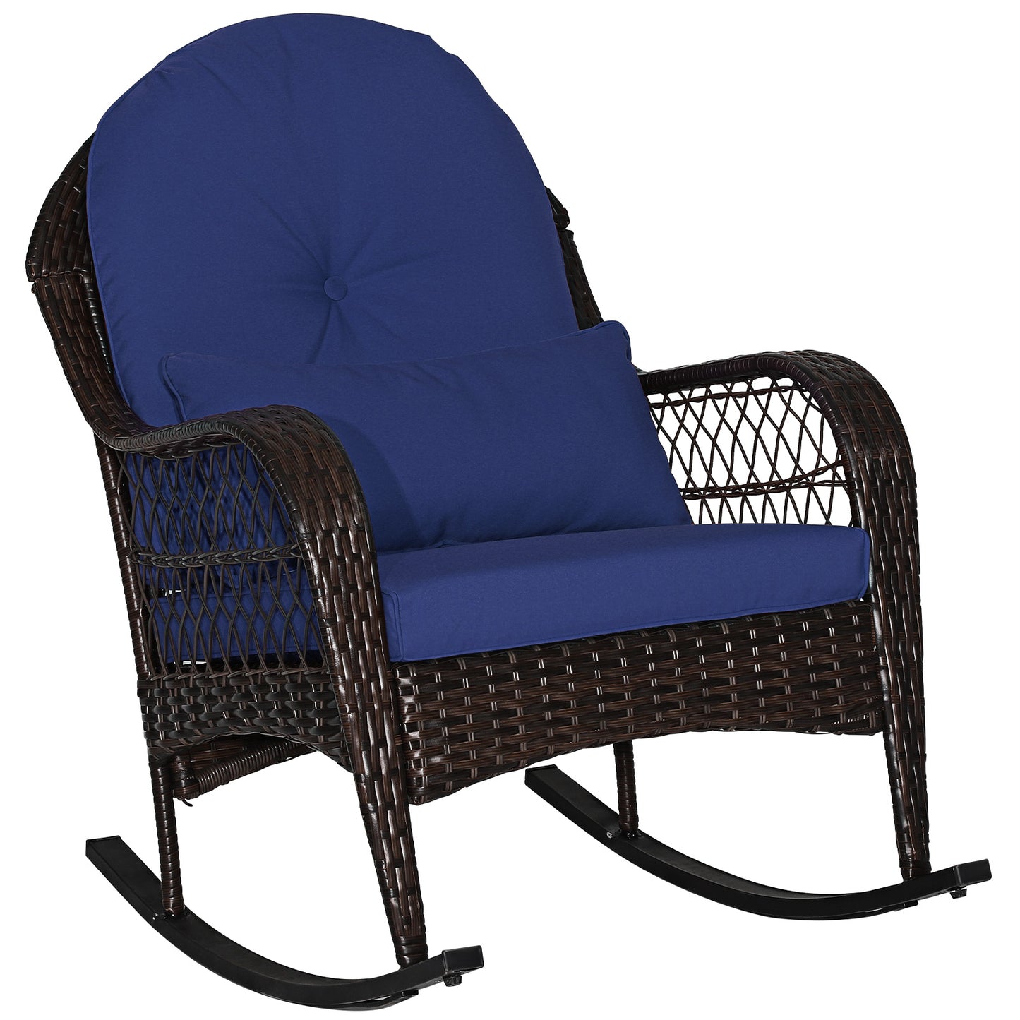 Patio Rattan Rocking Chair with Seat Back Cushions and Waist Pillow-White - Navy