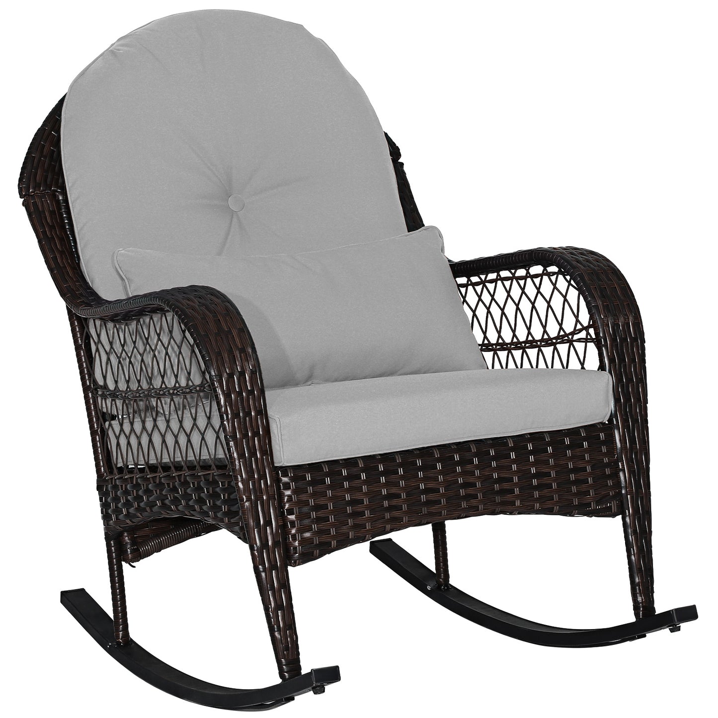 Patio Rattan Rocking Chair with Seat Back Cushions and Waist Pillow-White - Gray