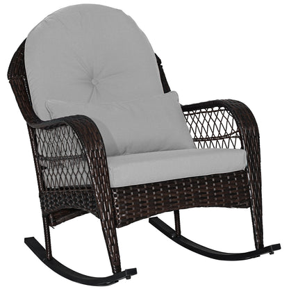 Patio Rattan Rocking Chair with Seat Back Cushions and Waist Pillow-White - Gray