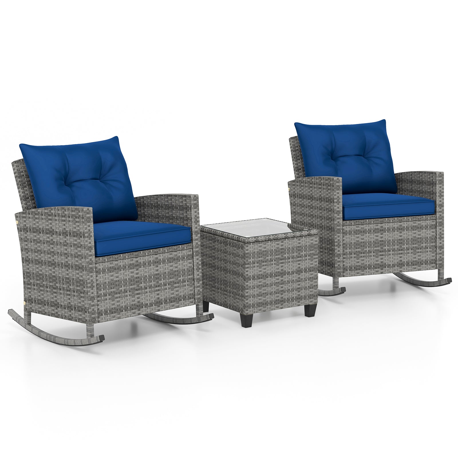 Patio Rattan Roker Chairs with Tempered Glass Table and Soft Cushions for Backyard Poolside Porch-Gray - Dark Blue