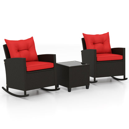 Patio Rattan Roker Chairs with Tempered Glass Table and Soft Cushions for Backyard Poolside Porch-Gray - Red
