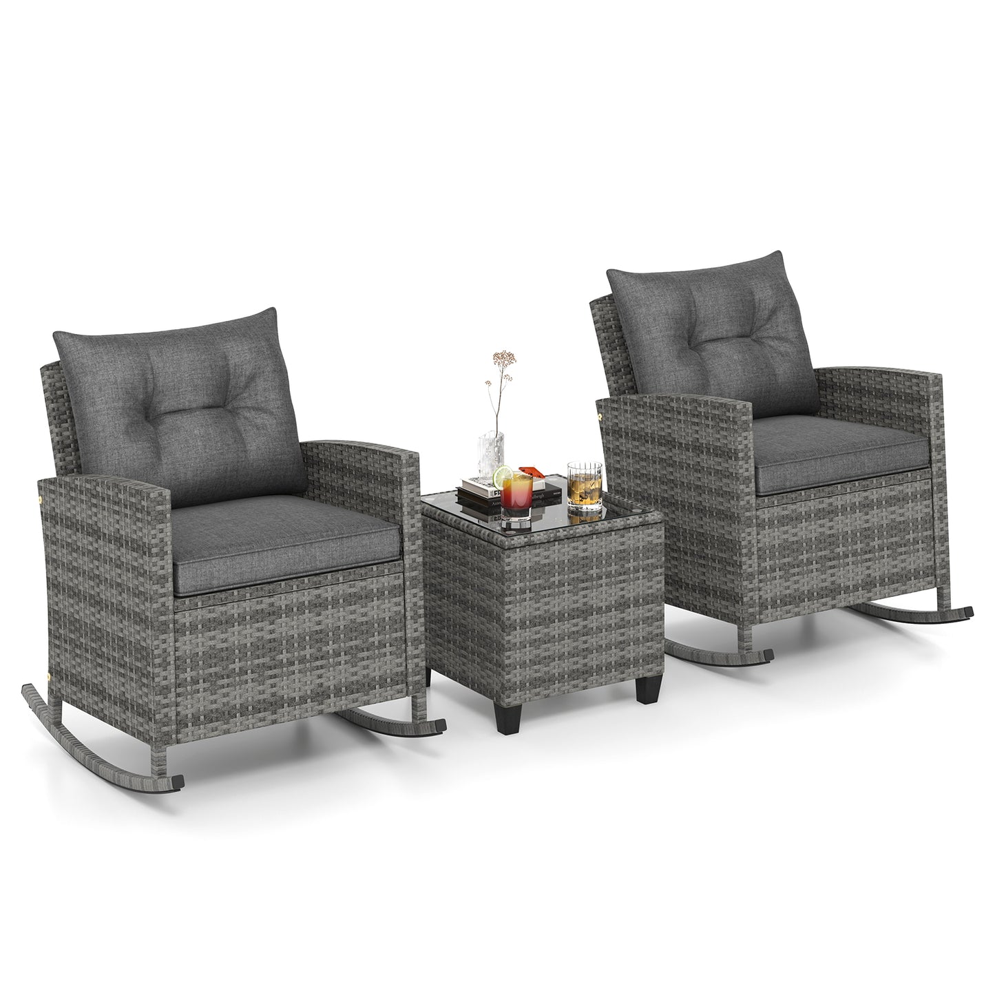 Patio Rattan Roker Chairs with Tempered Glass Table and Soft Cushions for Backyard Poolside Porch-Gray - Gray