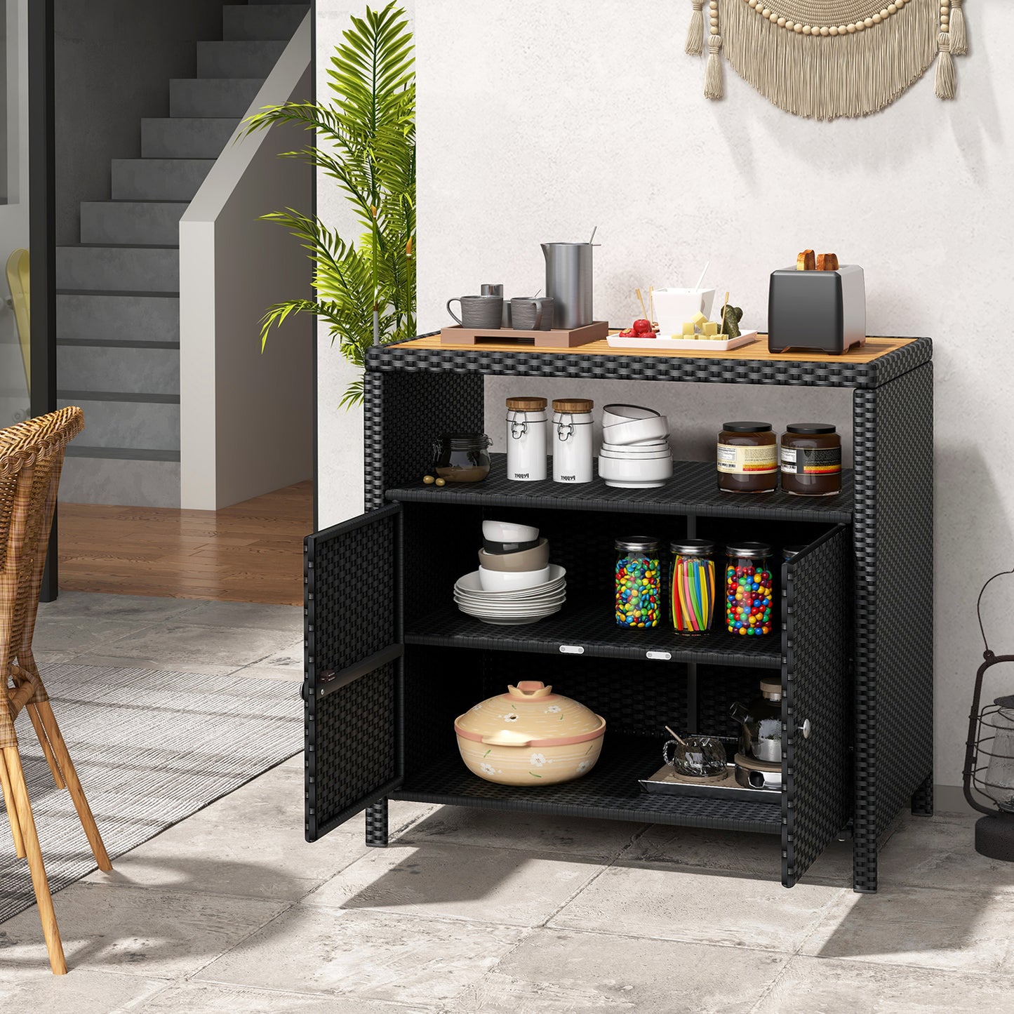 Rattan Storage Cabinet with Acacia Wood Countertop for Poolside Deck and Patio
