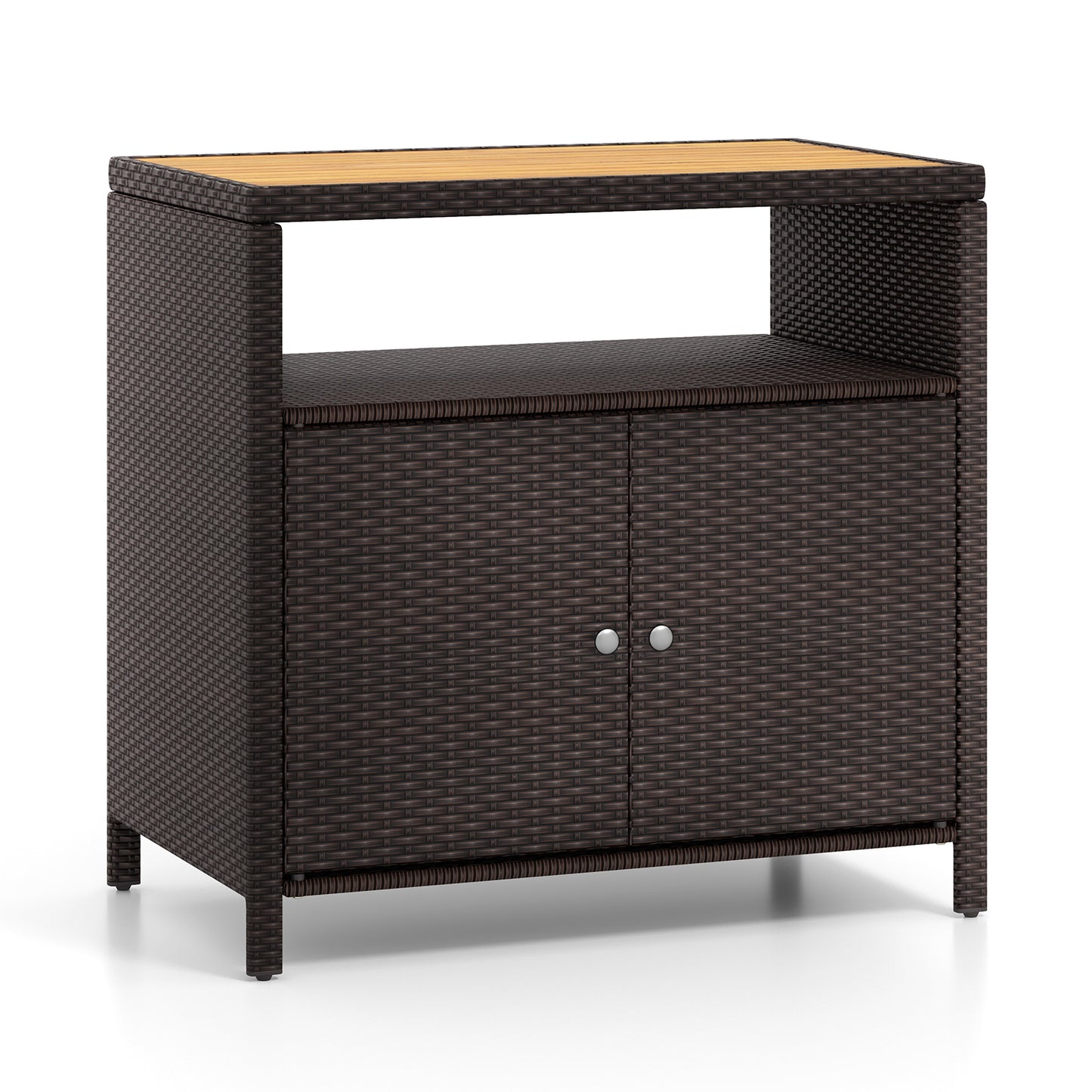 Rattan Storage Cabinet with Acacia Wood Countertop for Poolside Deck and Patio-Gray - Brown