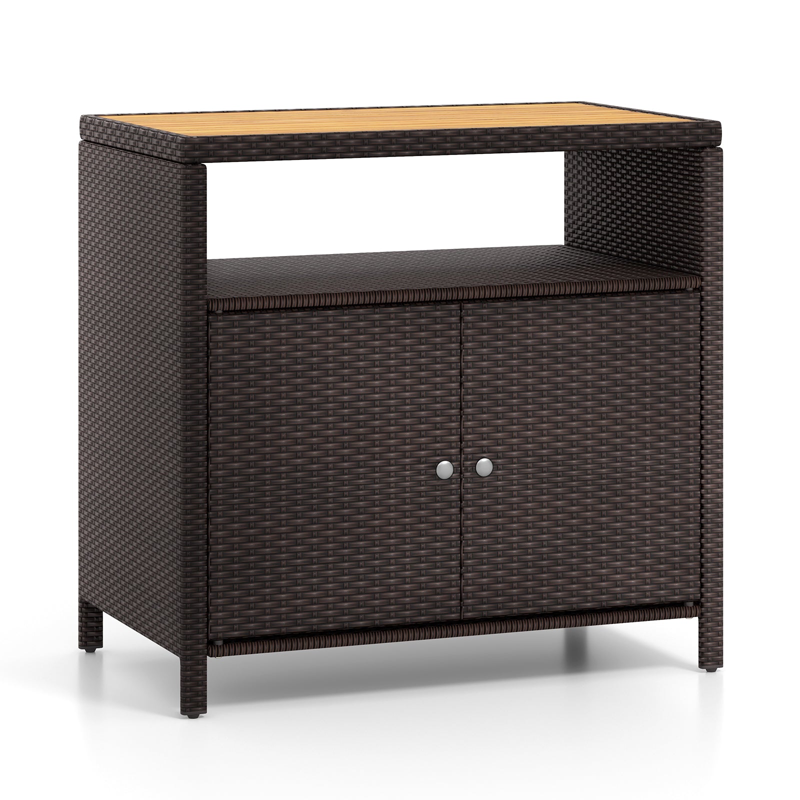 Rattan Storage Cabinet with Acacia Wood Countertop for Poolside Deck and Patio-Gray - Brown