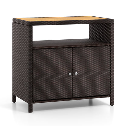 Rattan Storage Cabinet with Acacia Wood Countertop for Poolside Deck and Patio-Gray - Brown