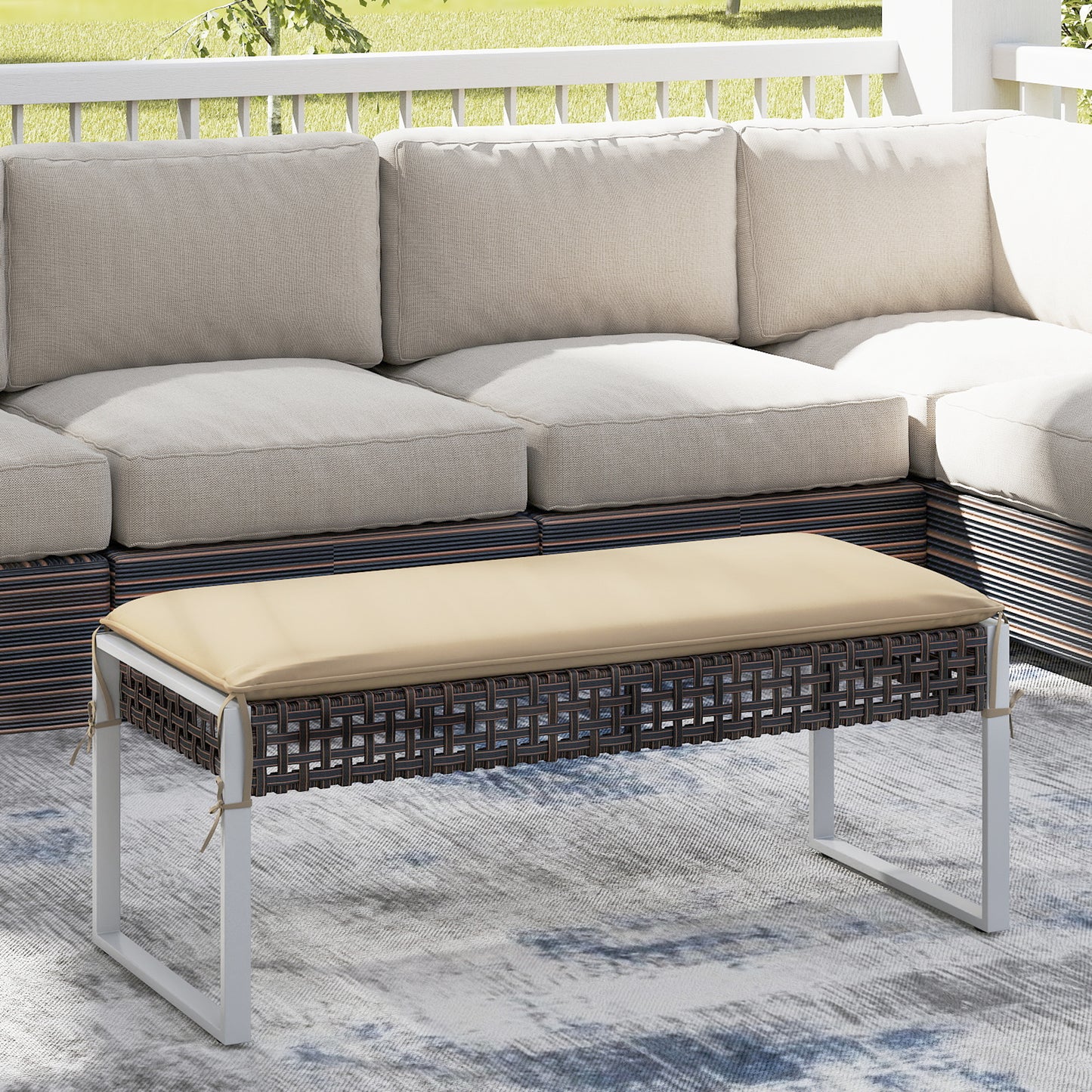 43 Inch Patio Rectangle Ottoman Pack of 2 with Metal Legs and Seat Cushion-Beige