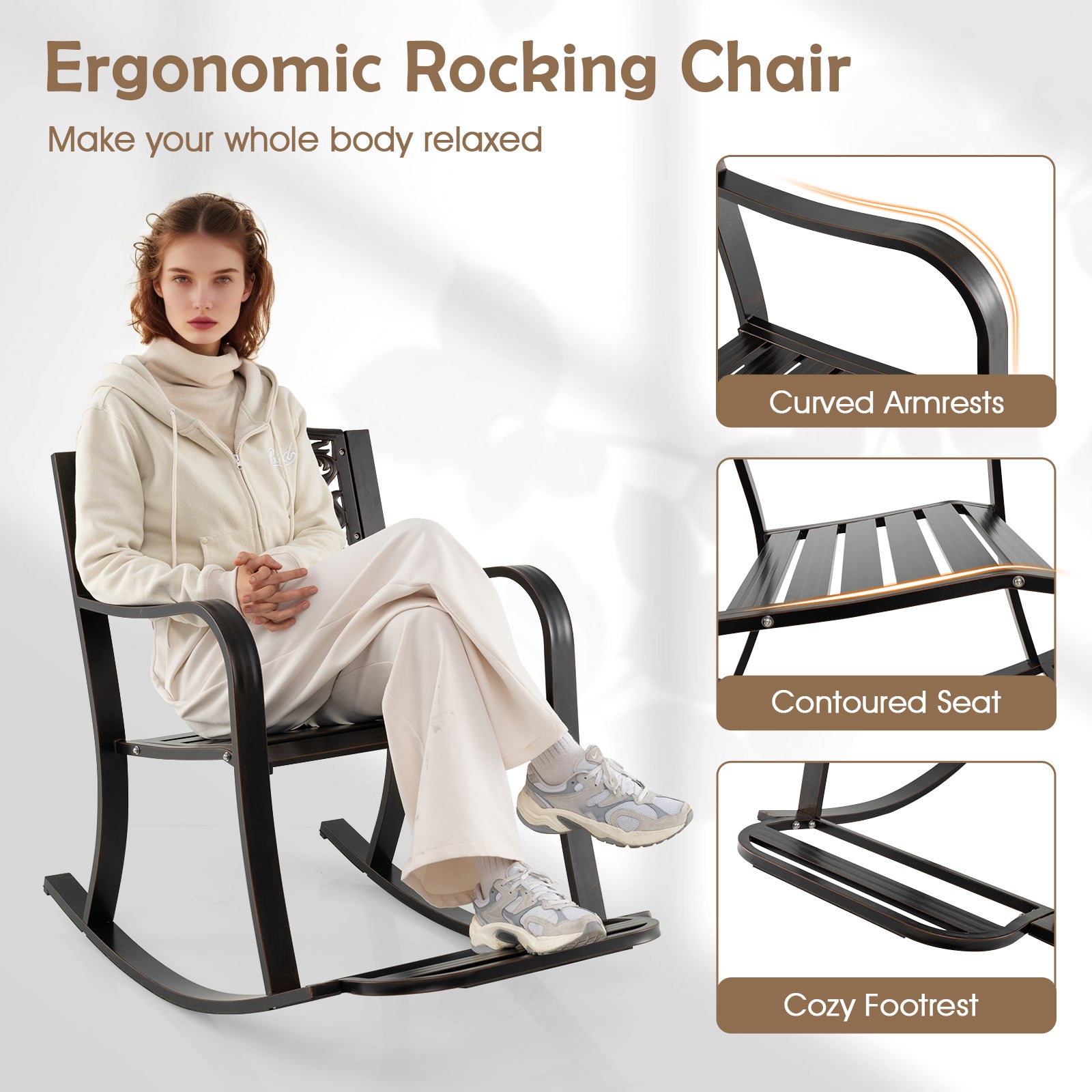 Patio Rocking Chair with Footrest and Curved Armrests-Brown