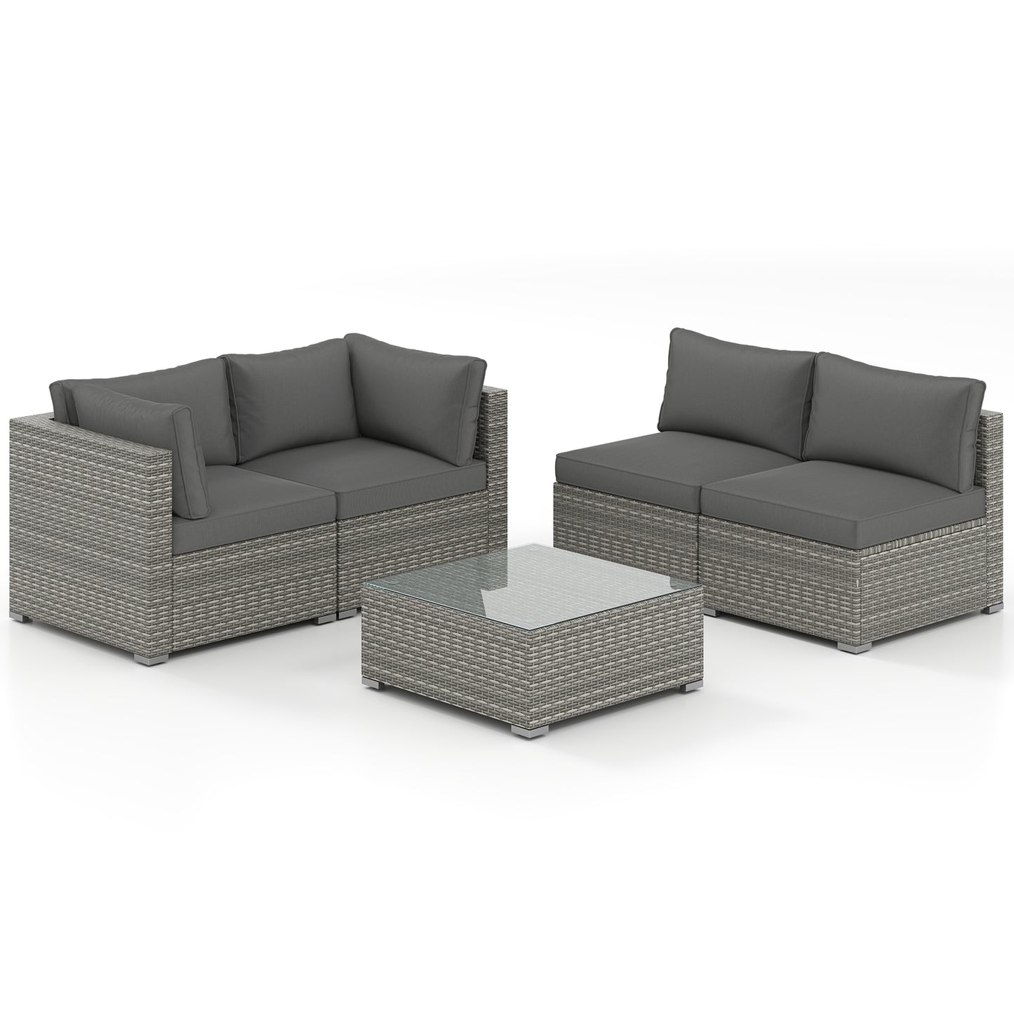 5-Piece Outdoor Patio Sectional Sofa Couch and Glass Coffee Table with Cushions-Gray - Gray