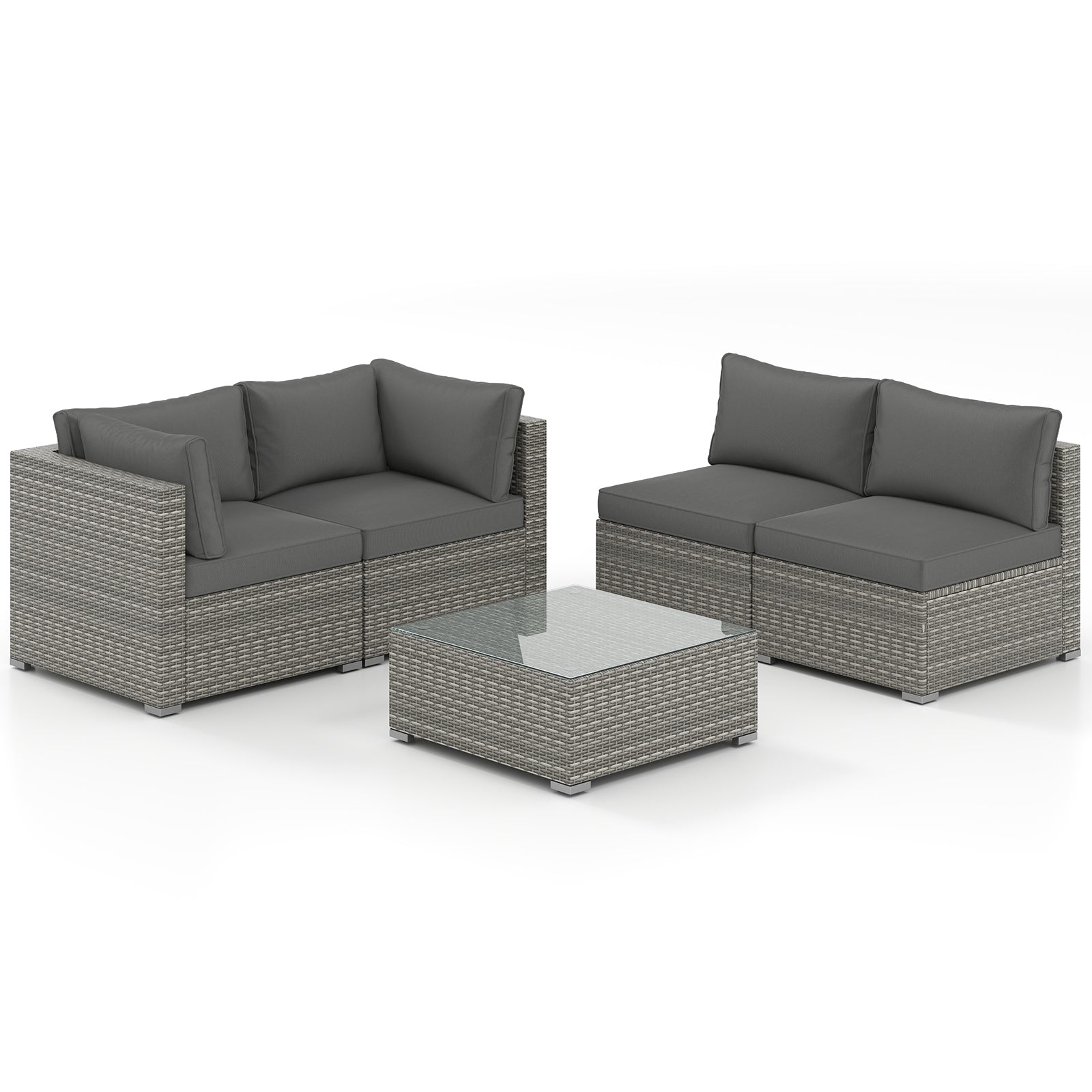 5-Piece Outdoor Patio Sectional Sofa Couch and Glass Coffee Table with Cushions-Gray - Gray